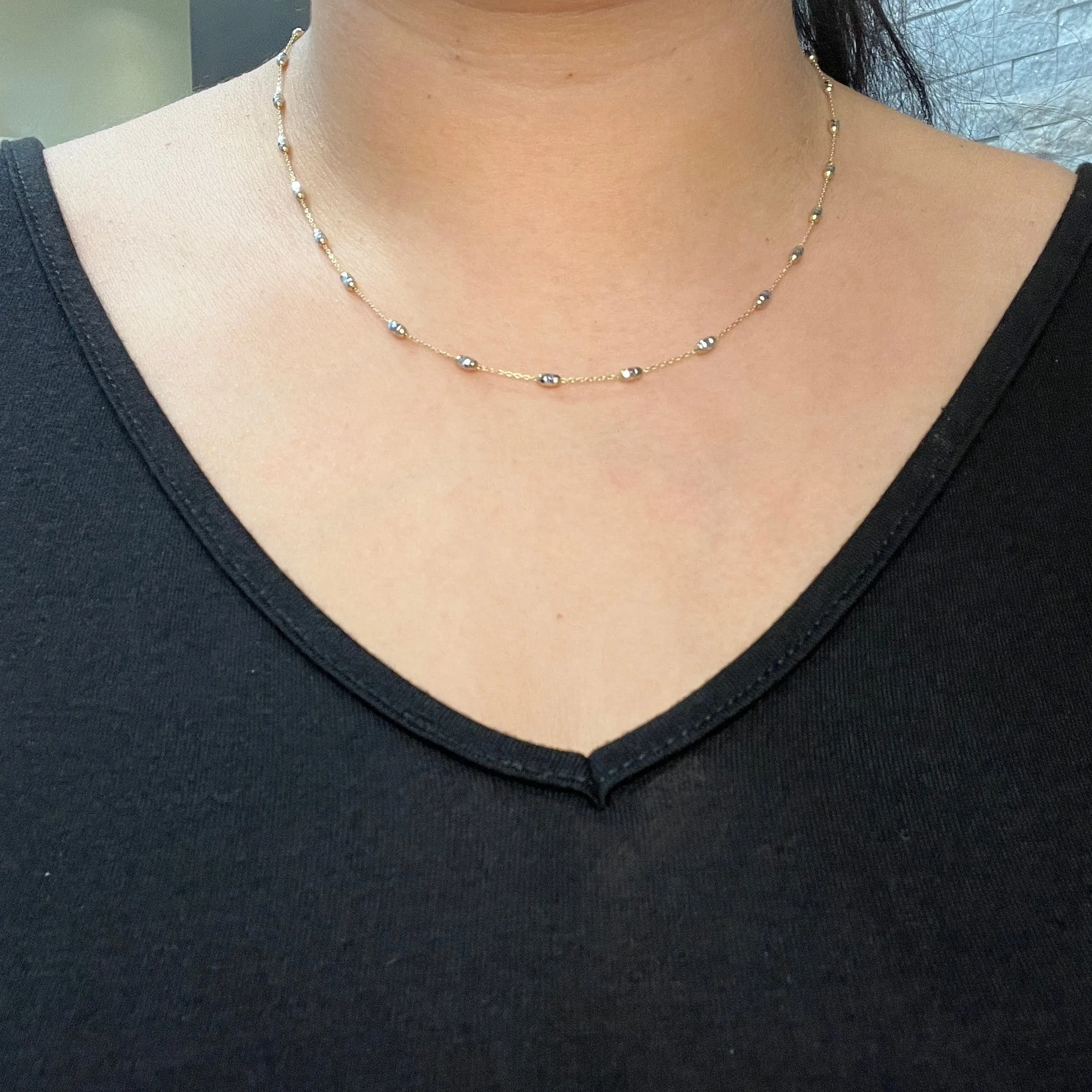 10K Yellow and White Gold Mirror Cut Beaded Necklace