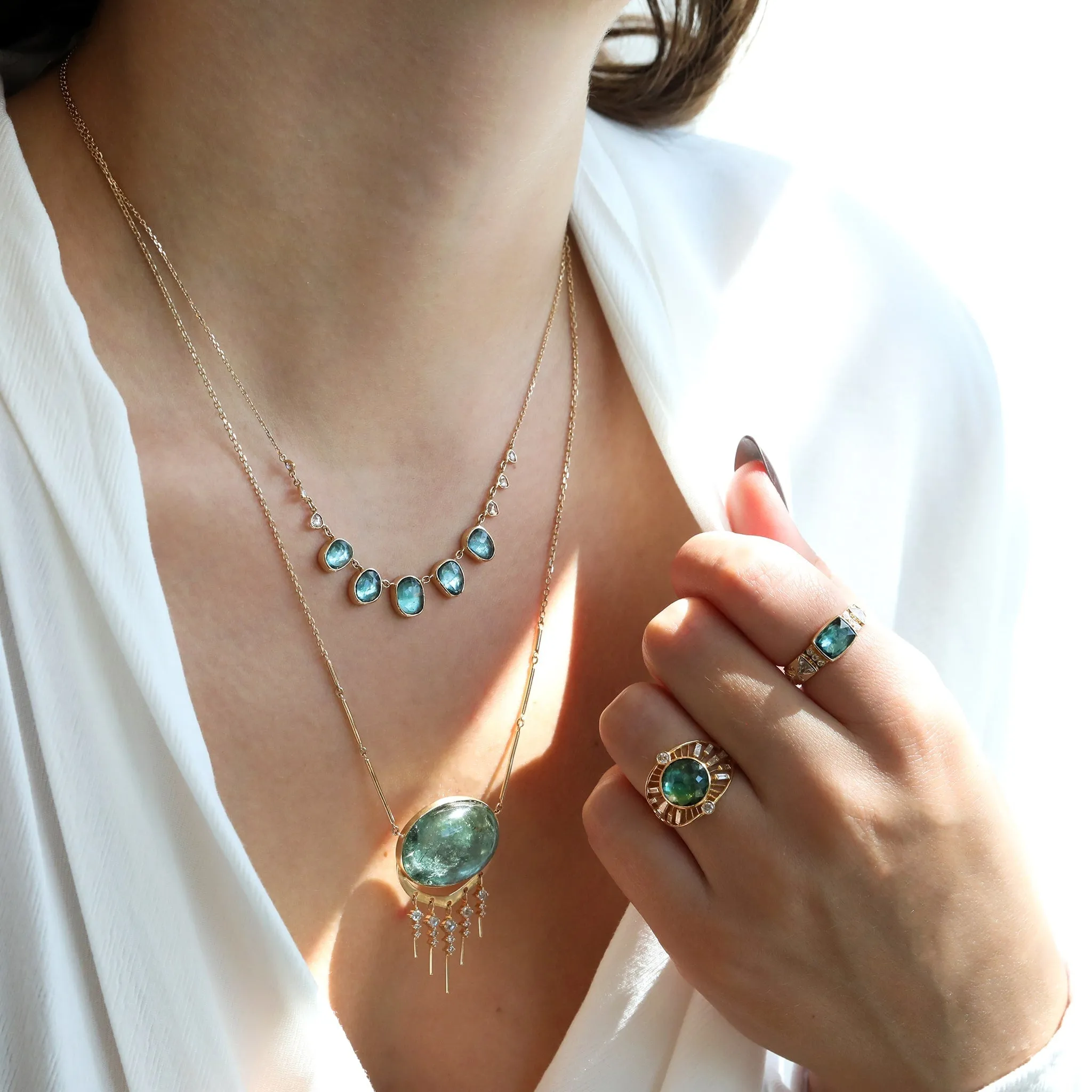 14K Gold Cabochon Oval Green Tourmaline Necklace with Diamond "Fringe"