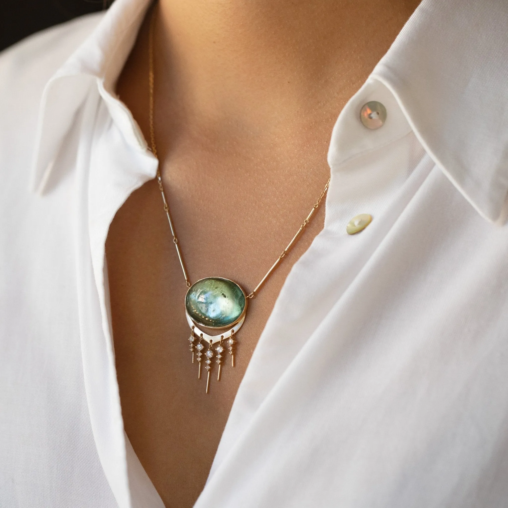 14K Gold Cabochon Oval Green Tourmaline Necklace with Diamond "Fringe"