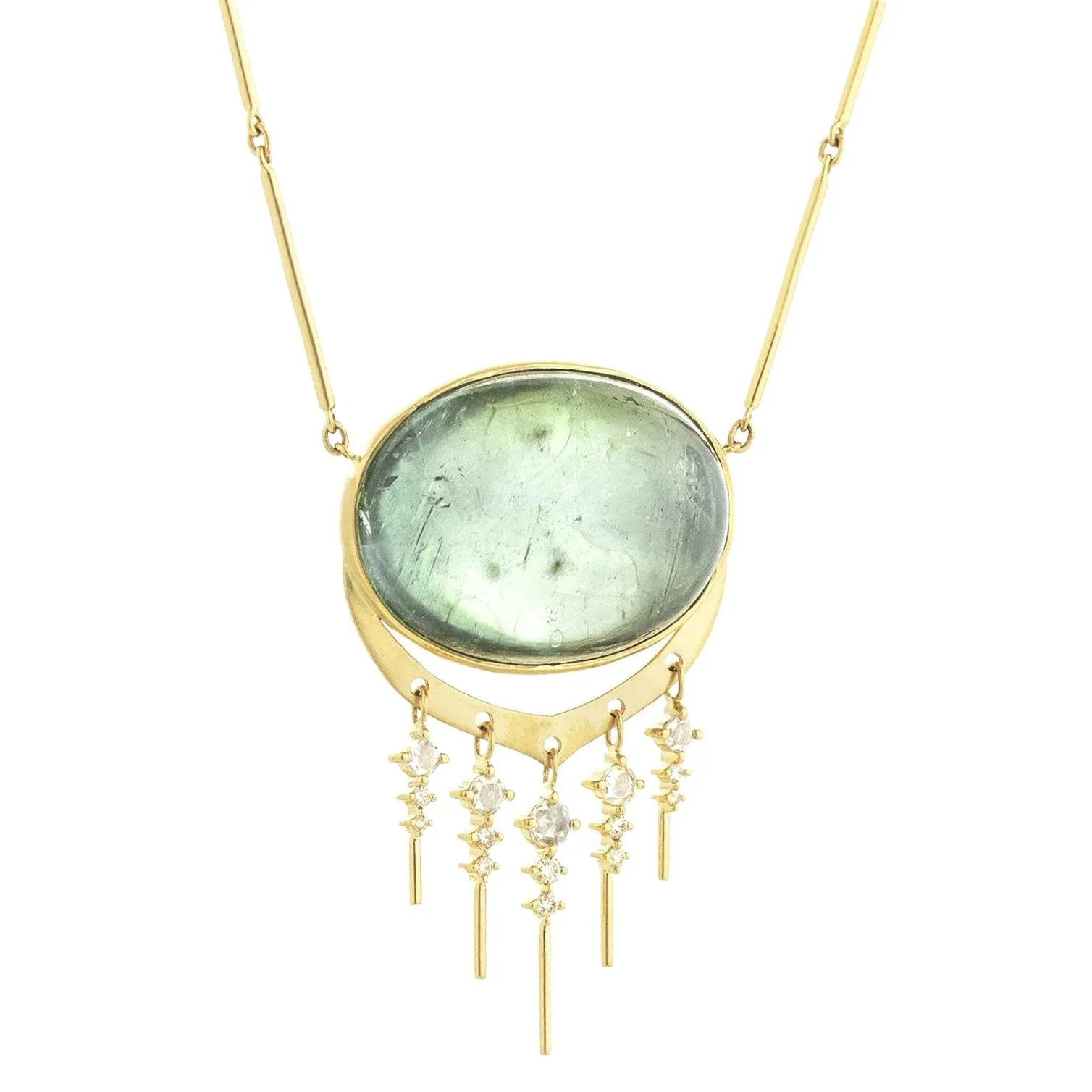 14K Gold Cabochon Oval Green Tourmaline Necklace with Diamond "Fringe"