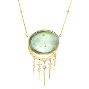 14K Gold Cabochon Oval Green Tourmaline Necklace with Diamond "Fringe"