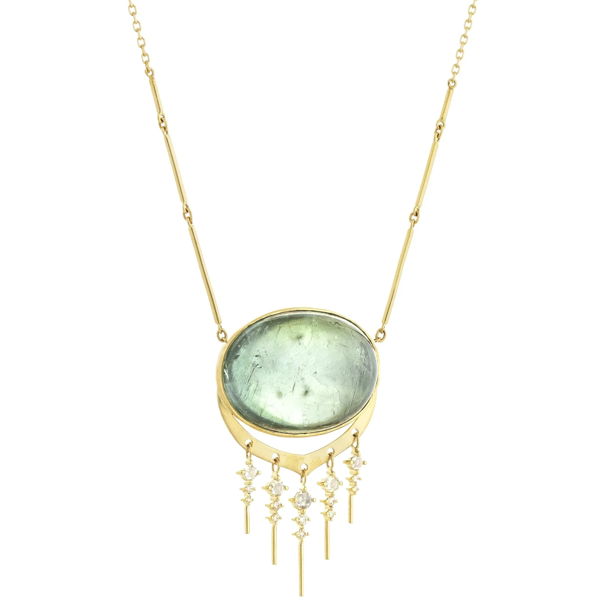 14K Gold Cabochon Oval Green Tourmaline Necklace with Diamond "Fringe"