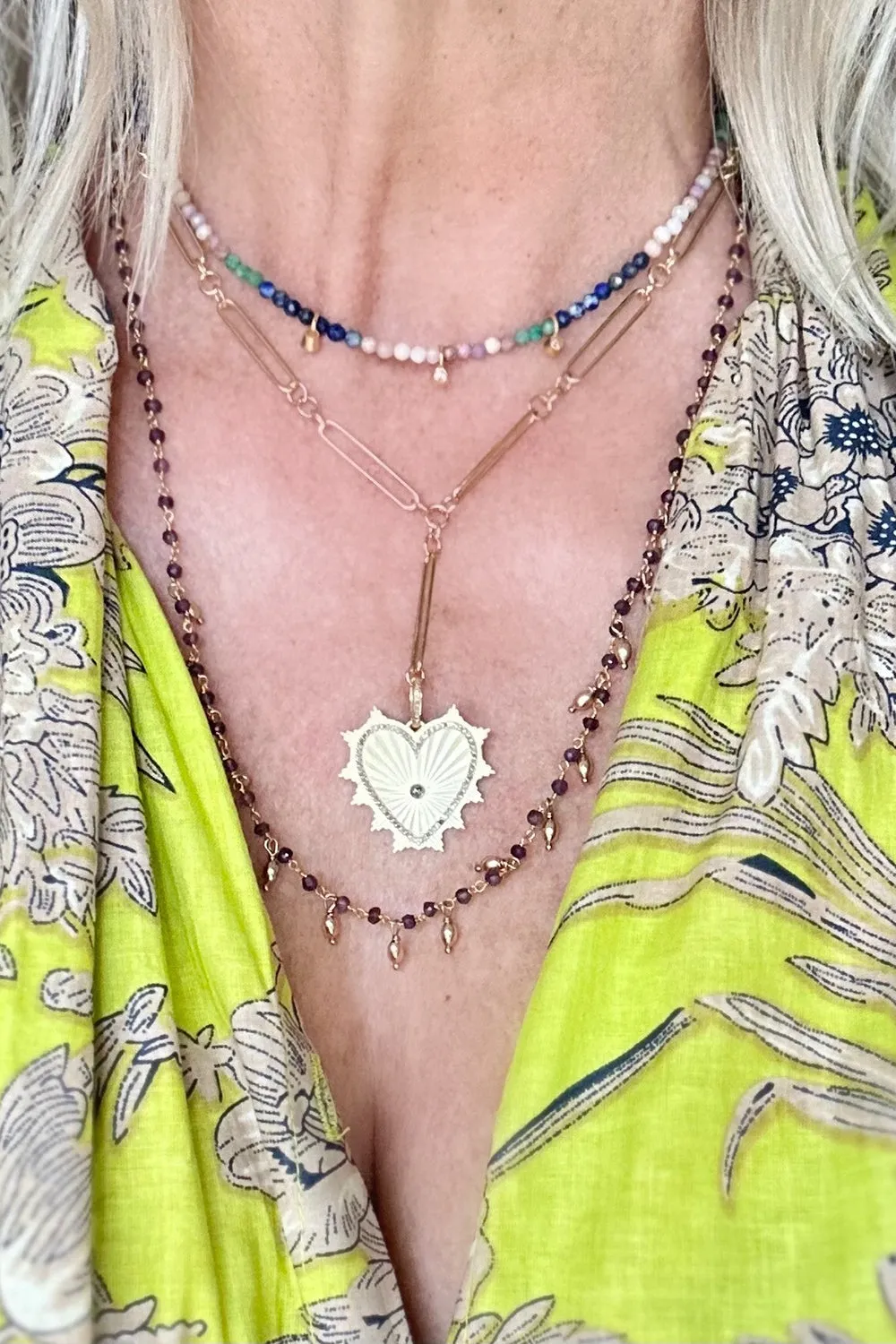 14K Gold Vermeil Long Short Link Chain Necklace with Pave Diamond Heart
