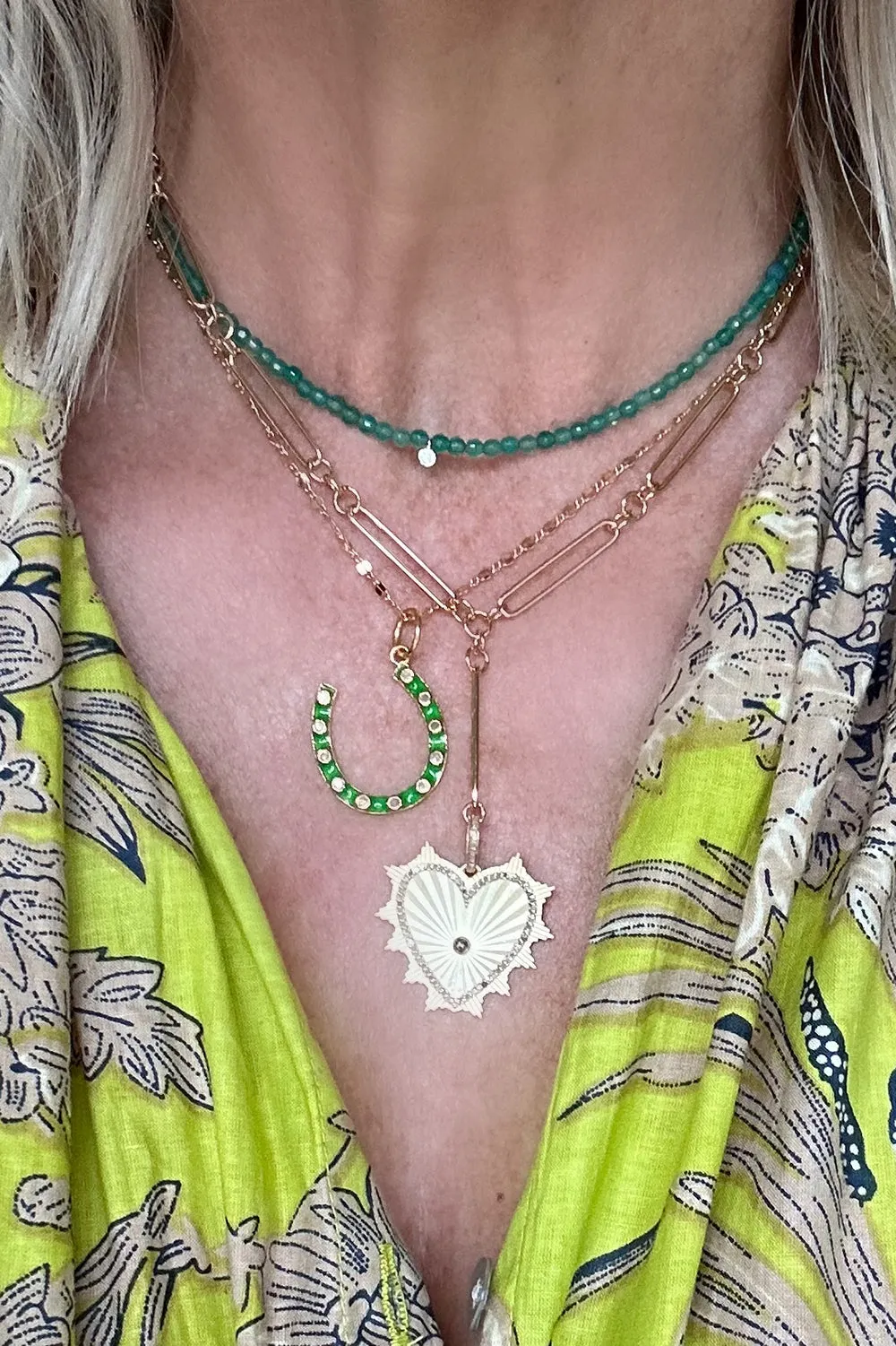 14K Gold Vermeil Long Short Link Chain Necklace with Pave Diamond Heart