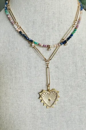 14K Gold Vermeil Long Short Link Chain Necklace with Pave Diamond Heart