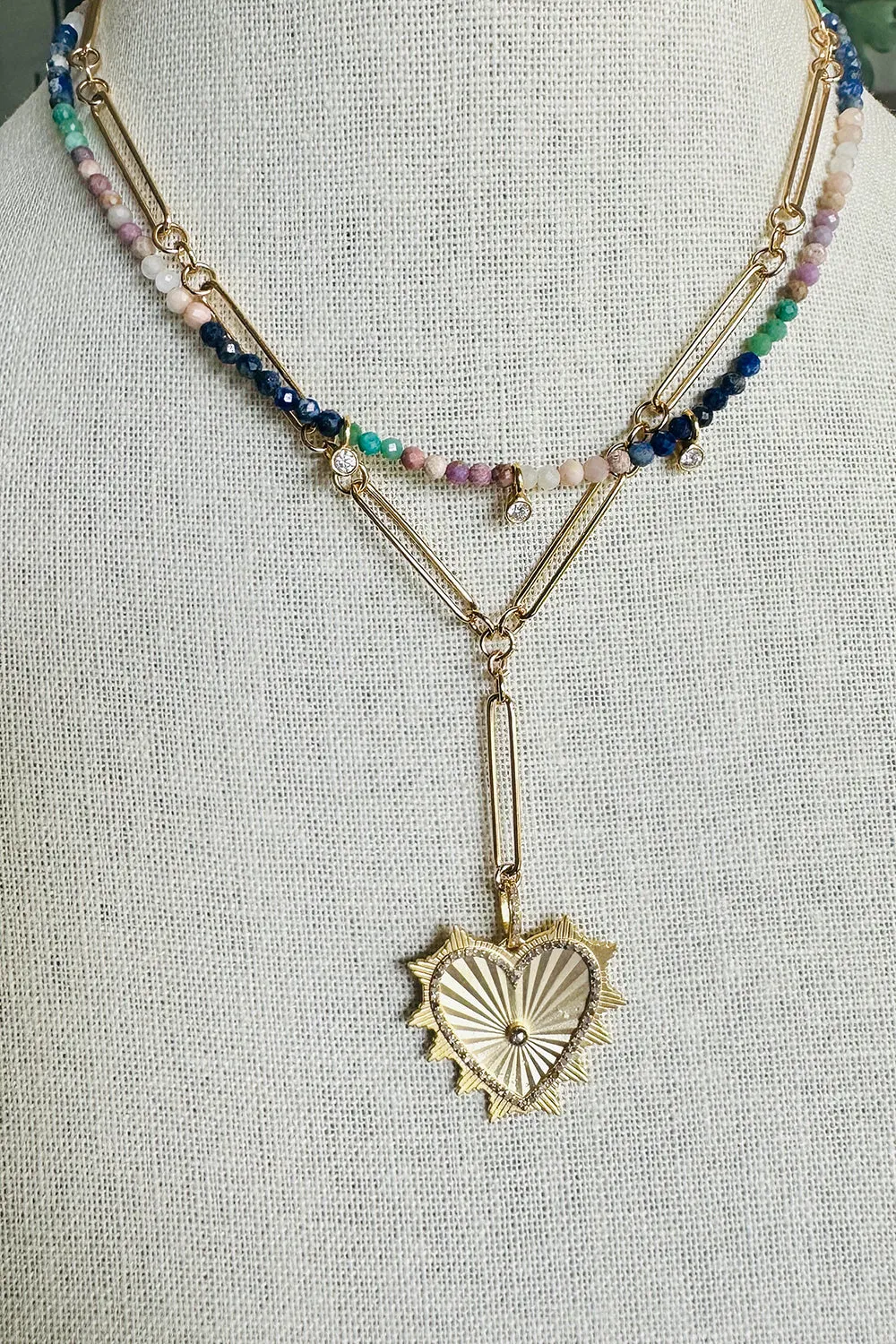 14K Gold Vermeil Long Short Link Chain Necklace with Pave Diamond Heart
