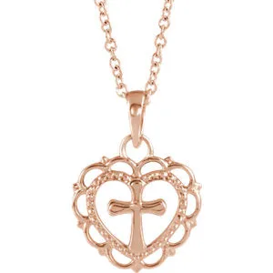 14K Rose Youth Heart with Cross 16-18" Necklace