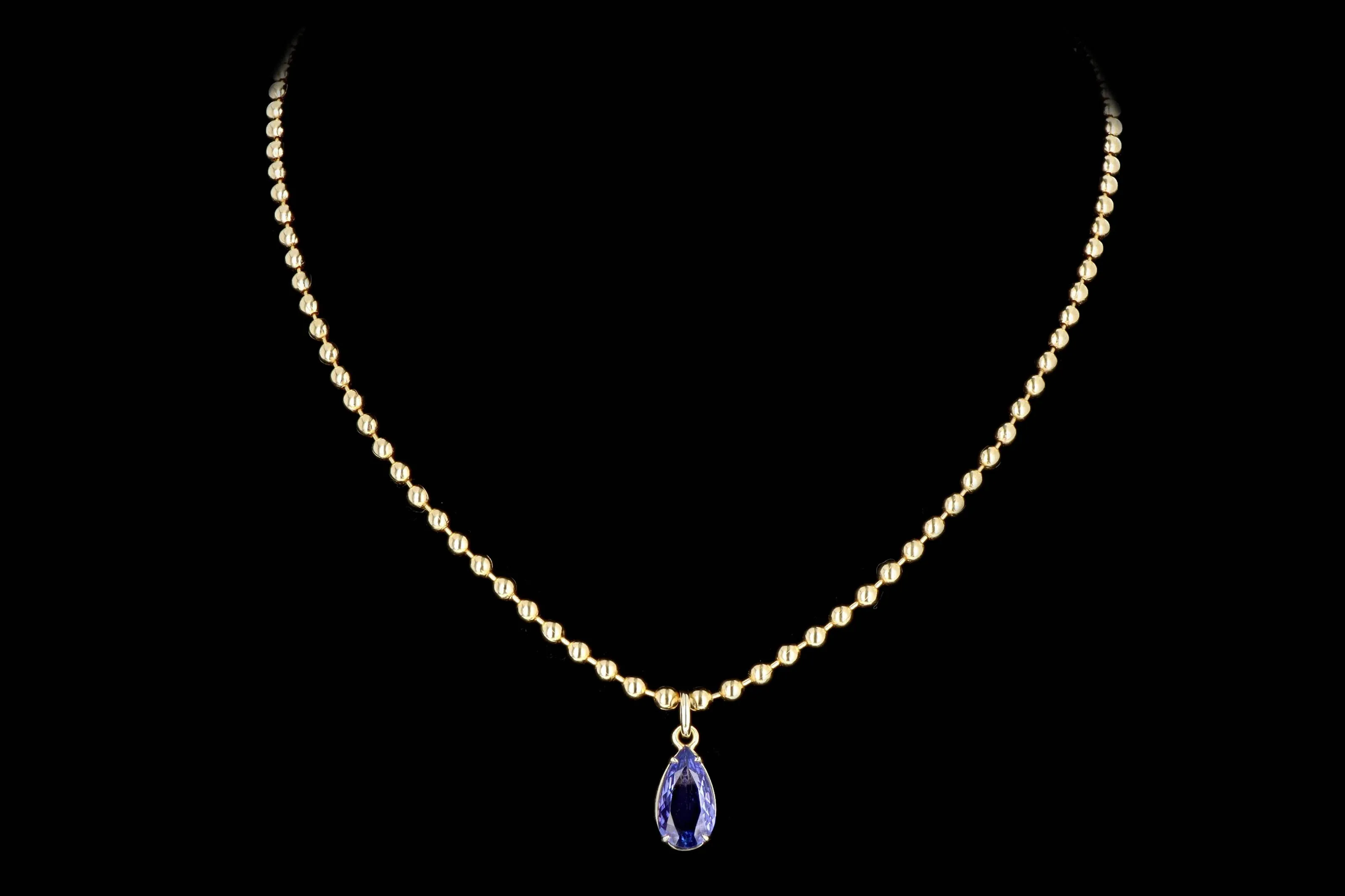 14K Yellow Gold 2.58 Carat Pear Tanzanite Beaded Ball Chain Pendant Necklace