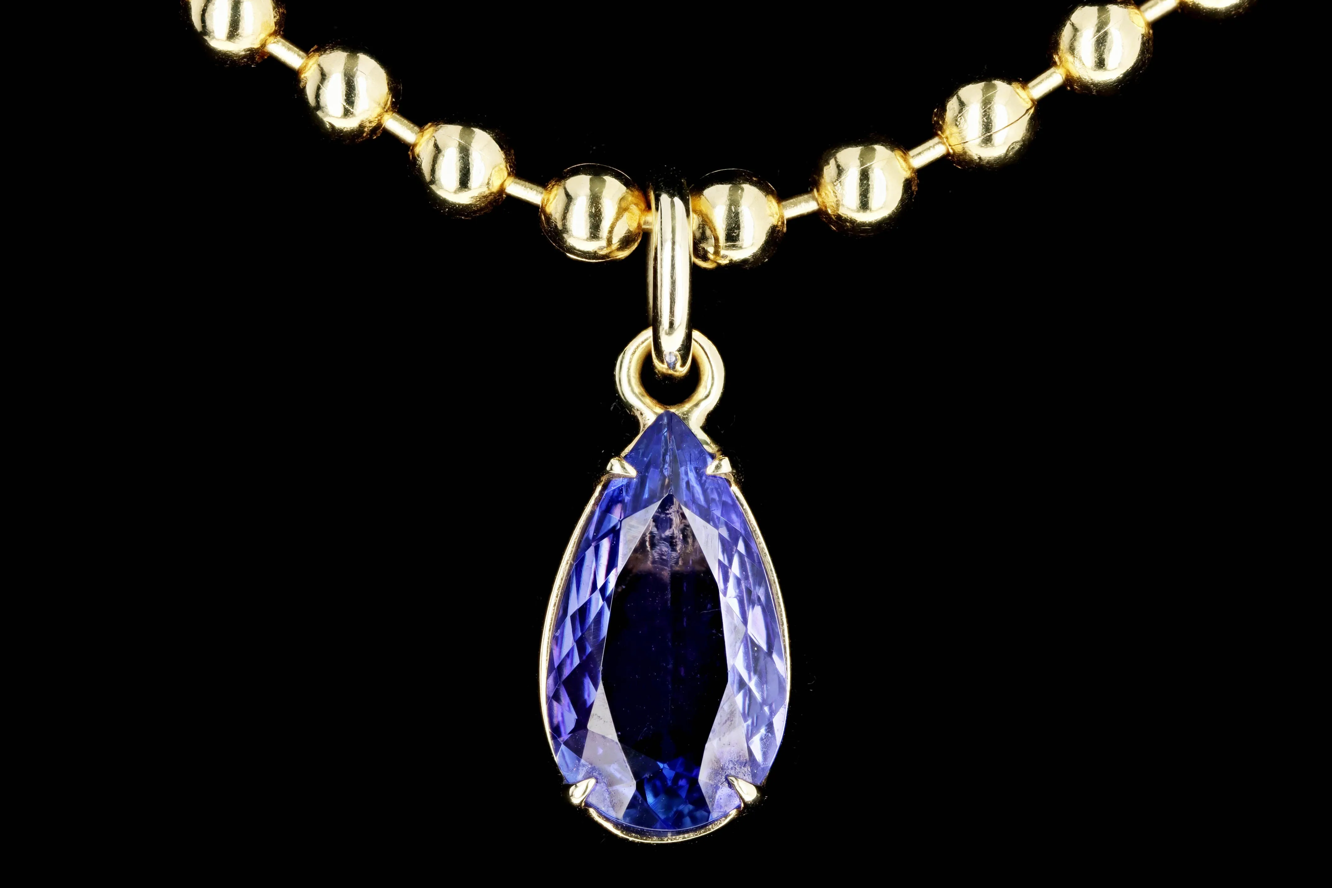 14K Yellow Gold 2.58 Carat Pear Tanzanite Beaded Ball Chain Pendant Necklace