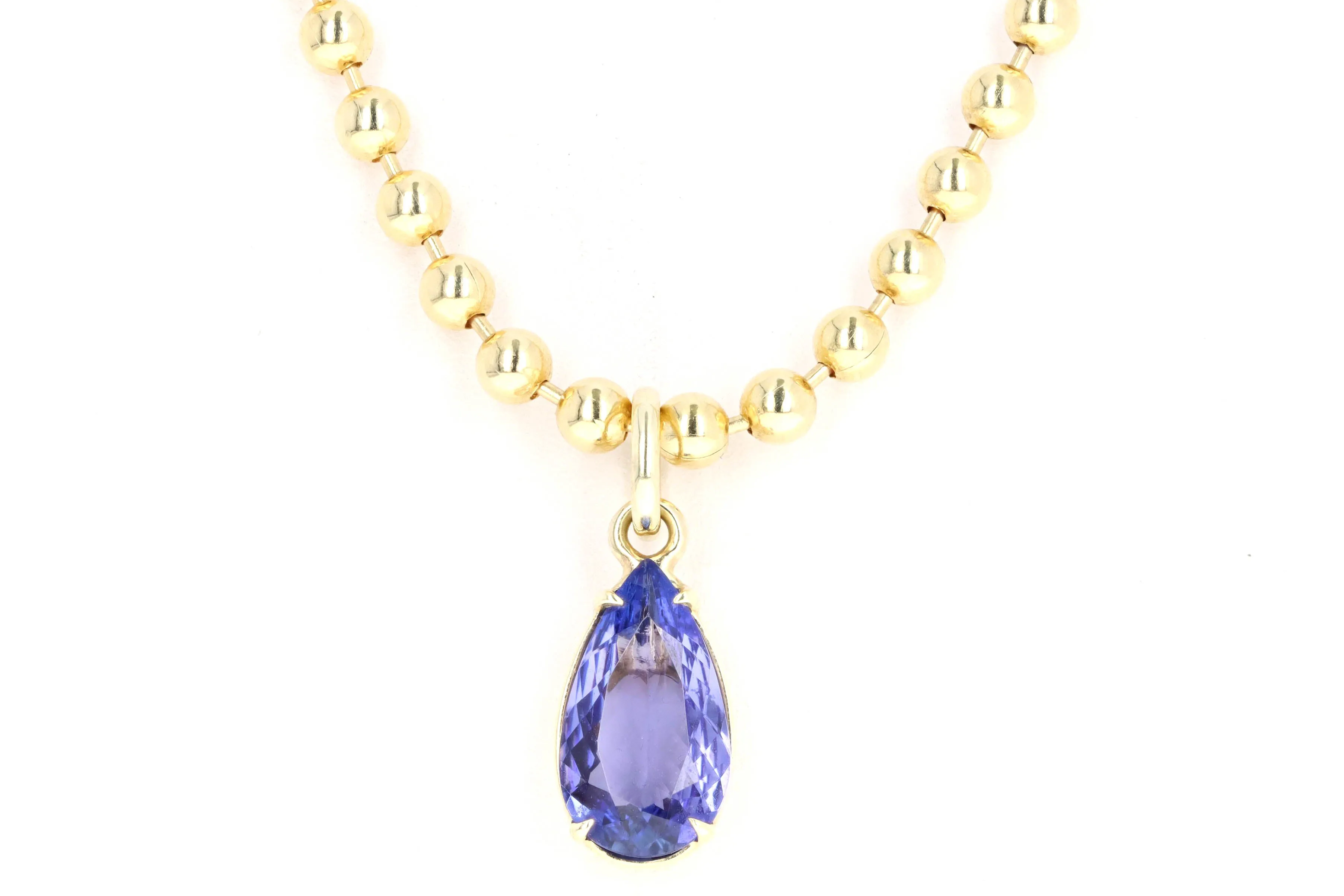 14K Yellow Gold 2.58 Carat Pear Tanzanite Beaded Ball Chain Pendant Necklace