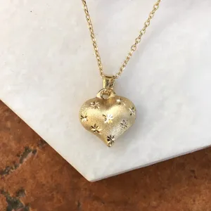 14KT Yellow Gold Satin Diamond-Cut Puffed Heart Pendant Charm