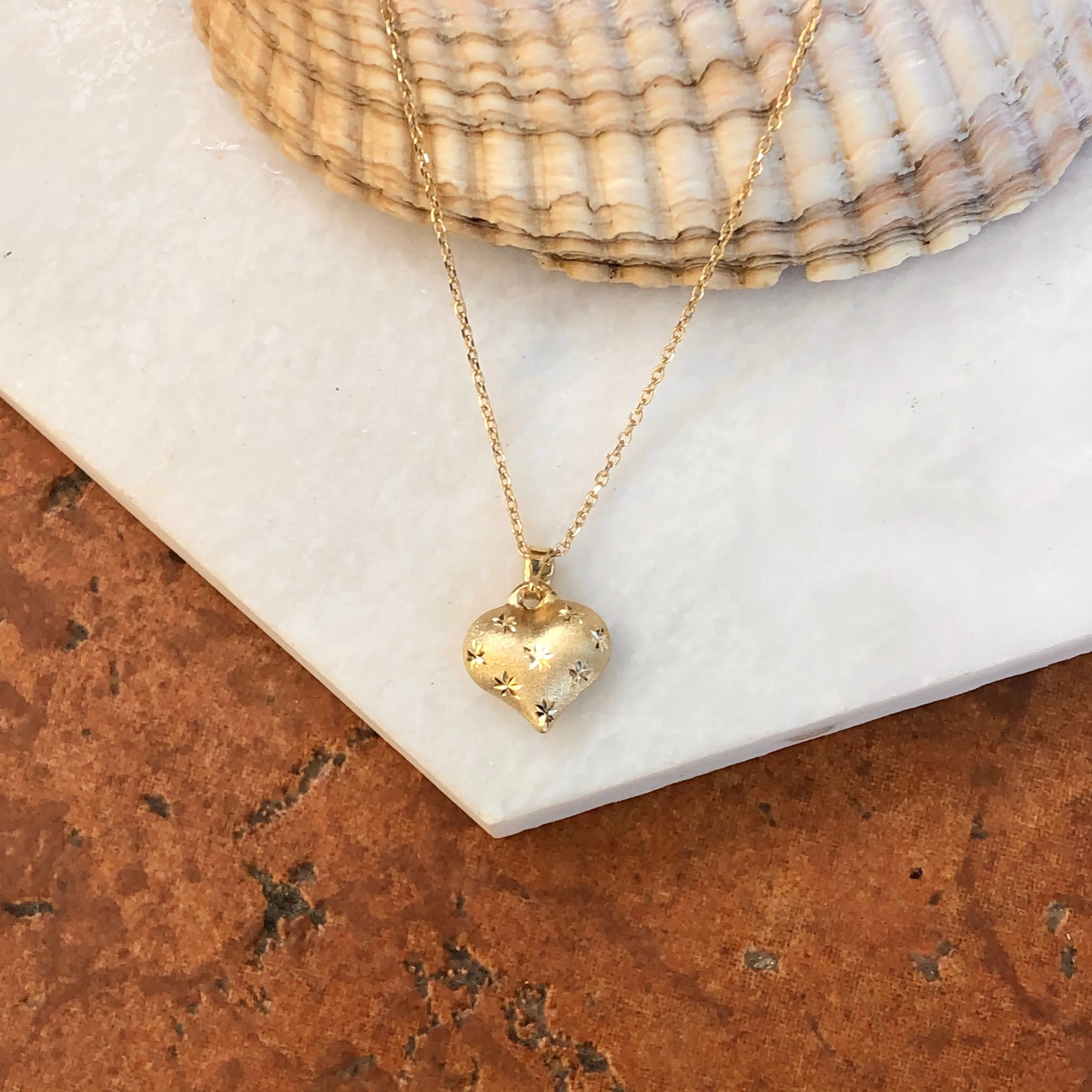 14KT Yellow Gold Satin Diamond-Cut Puffed Heart Pendant Charm