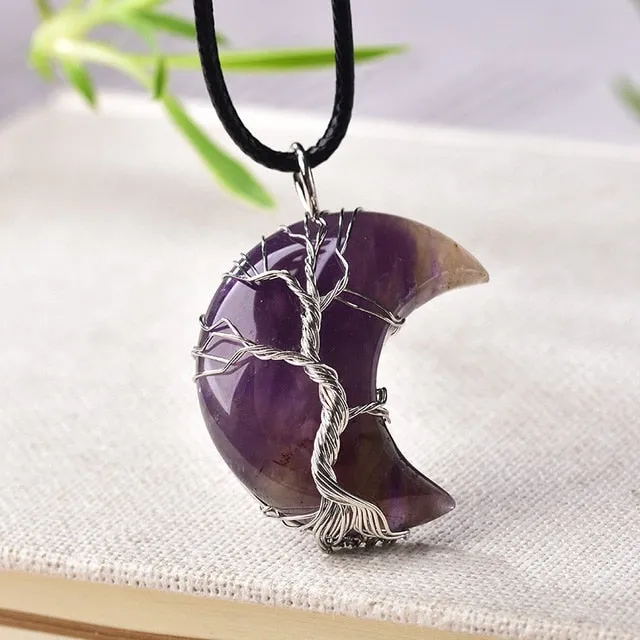 1PC Natural Crystal Pendant Tree Of Life Moon Shape