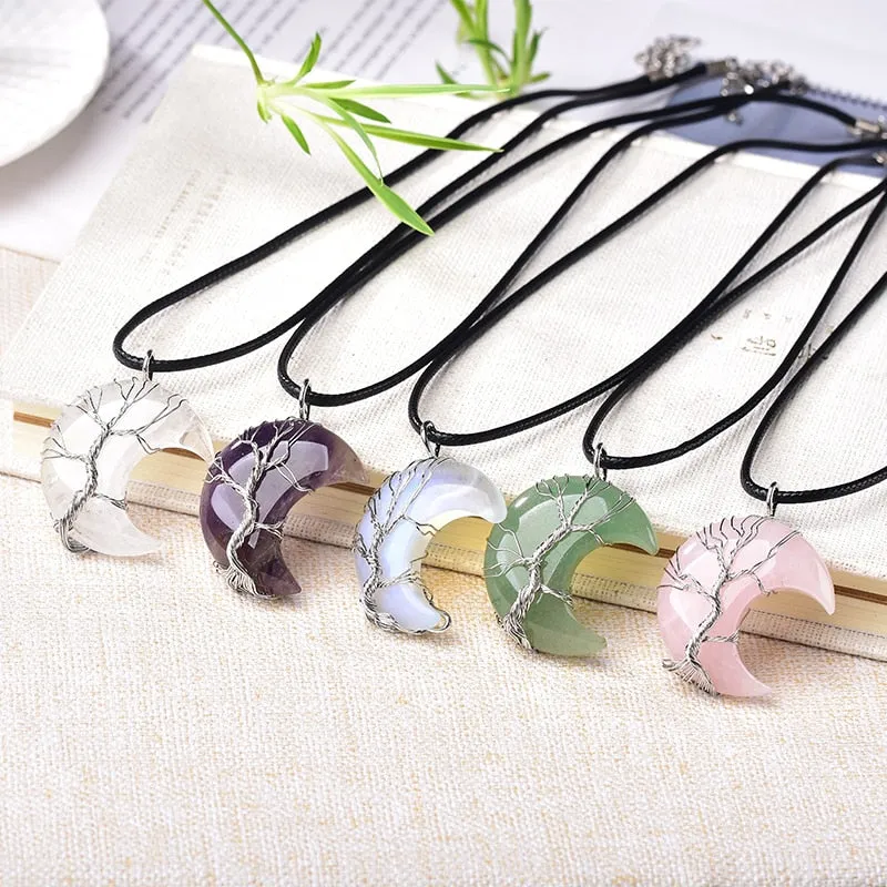 1PC Natural Crystal Pendant Tree Of Life Moon Shape