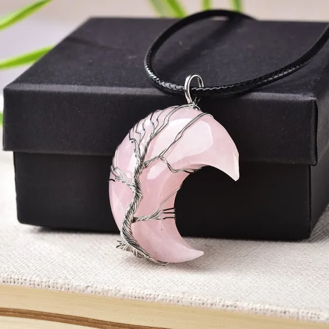 1PC Natural Crystal Pendant Tree Of Life Moon Shape