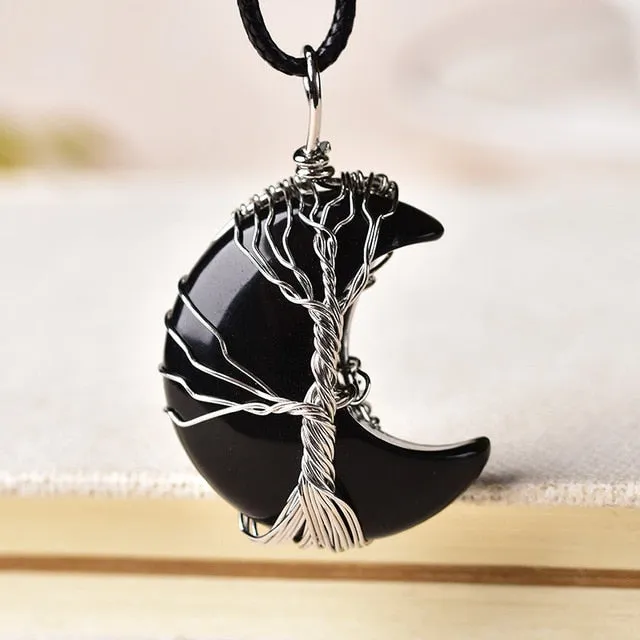 1PC Natural Crystal Pendant Tree Of Life Moon Shape