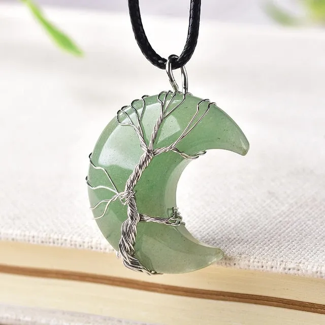 1PC Natural Crystal Pendant Tree Of Life Moon Shape