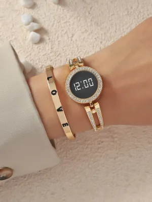 1pc Watch With Rhinestone 1pc Love Bracelet - Gold
