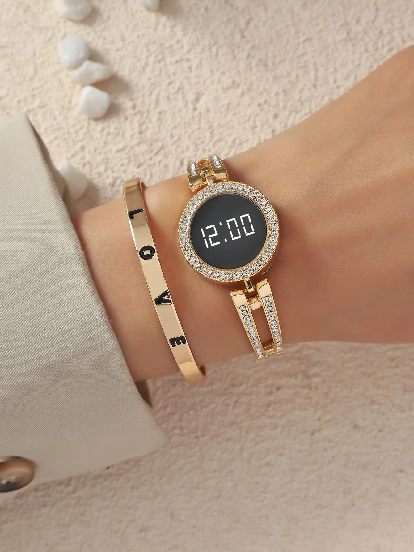1pc Watch With Rhinestone 1pc Love Bracelet - Gold