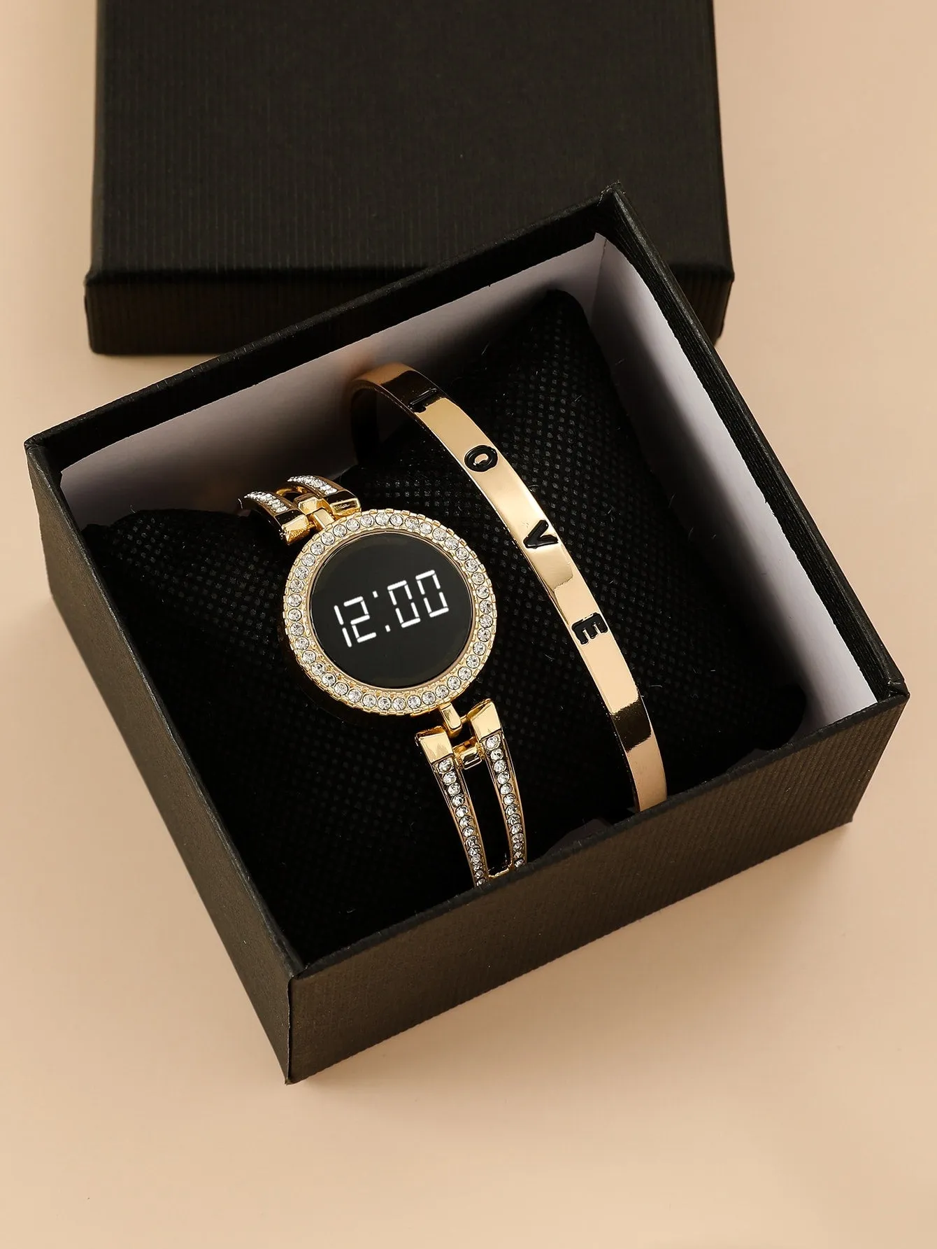 1pc Watch With Rhinestone 1pc Love Bracelet - Gold
