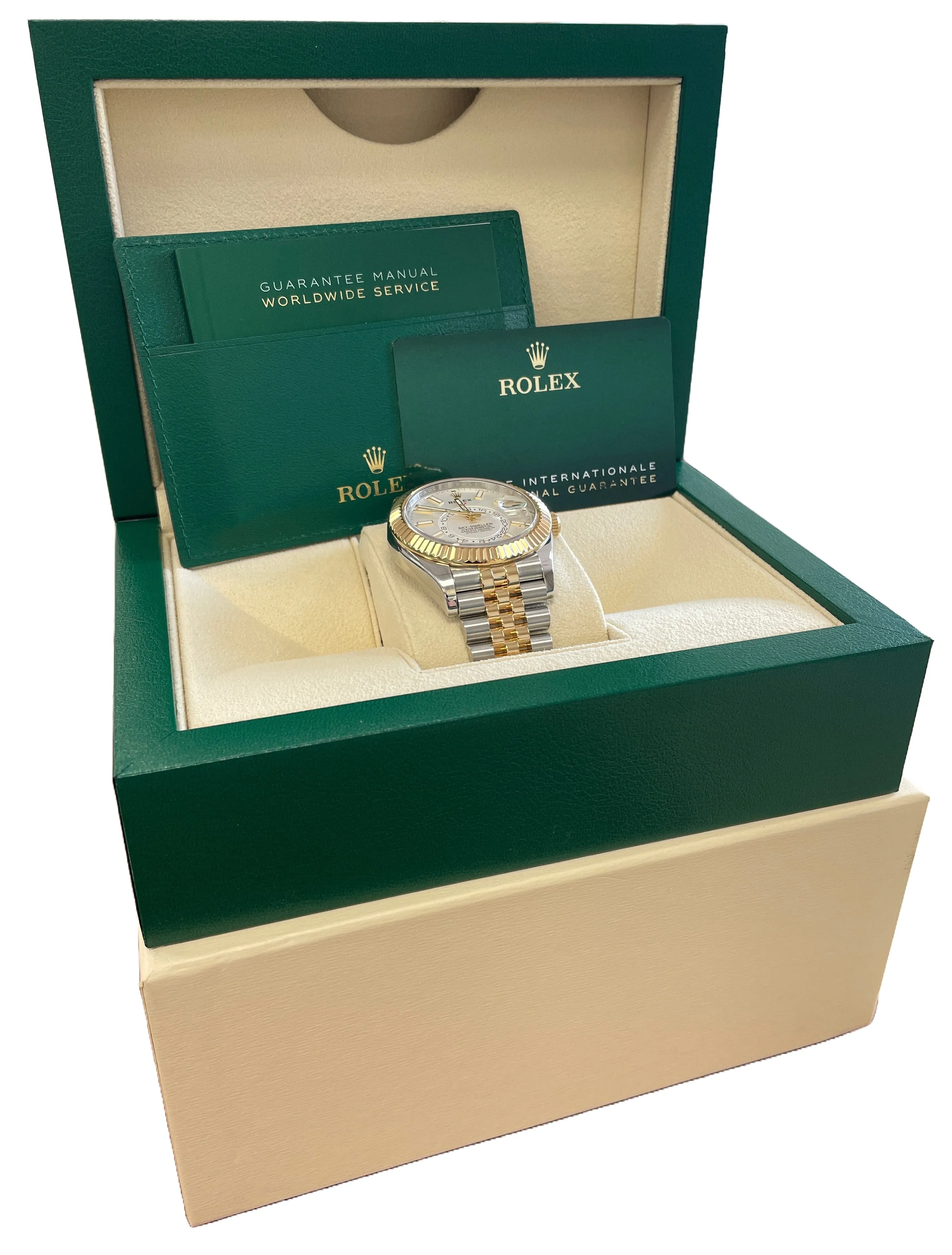 2023 NEW PAPERS Rolex Sky-Dweller WHITE 18K Yellow Gold 42mm JUBILEE 326933 BOX