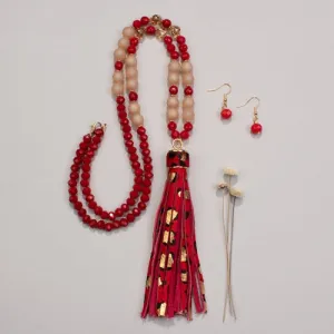 72734 - Animal Print Beaded Tassel Necklace - Red