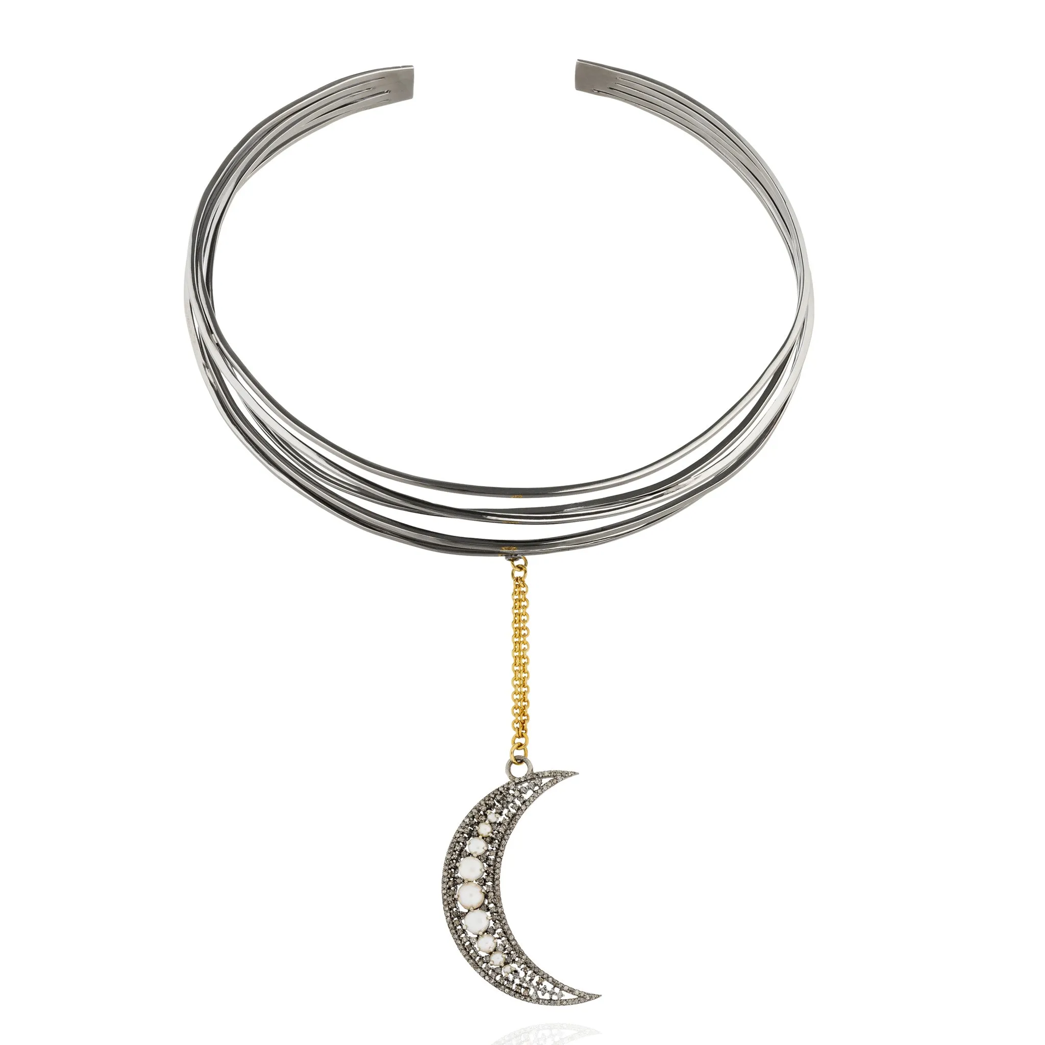 925 Silver Cuff Necklace with Diamond & Pearl Moon