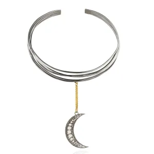 925 Silver Cuff Necklace with Diamond & Pearl Moon