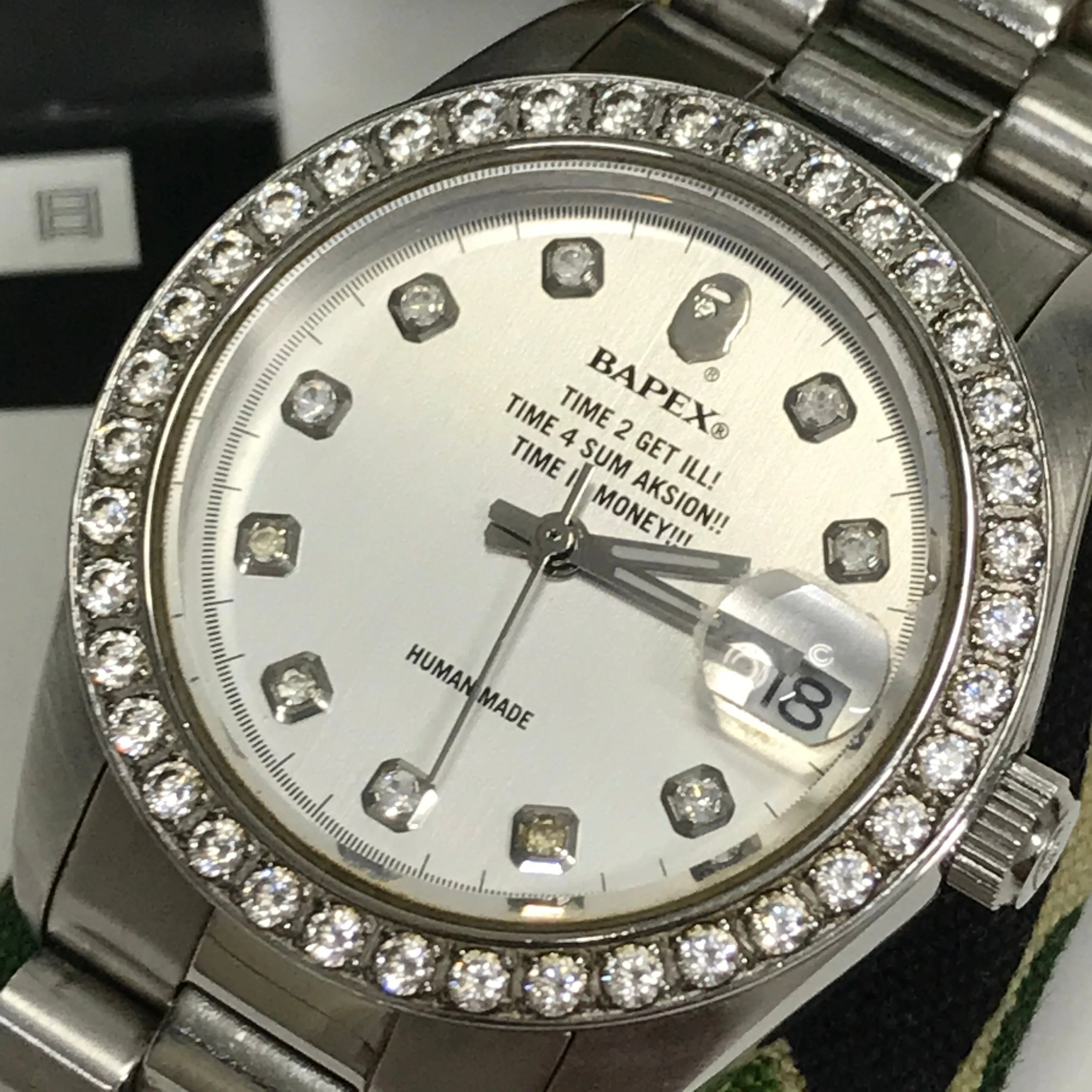 A Bathing Ape Bape Swarovski Crystal Automatic Bapex 'Datejust' Watch Silver