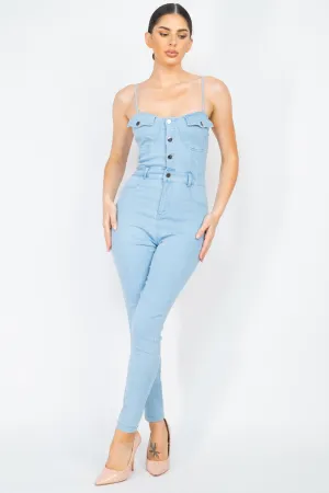 Adjustable Button-down Denim Jumpsuit