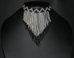 African Beaded Choker Necklace Cascade Black White Handcrafted Swaziland