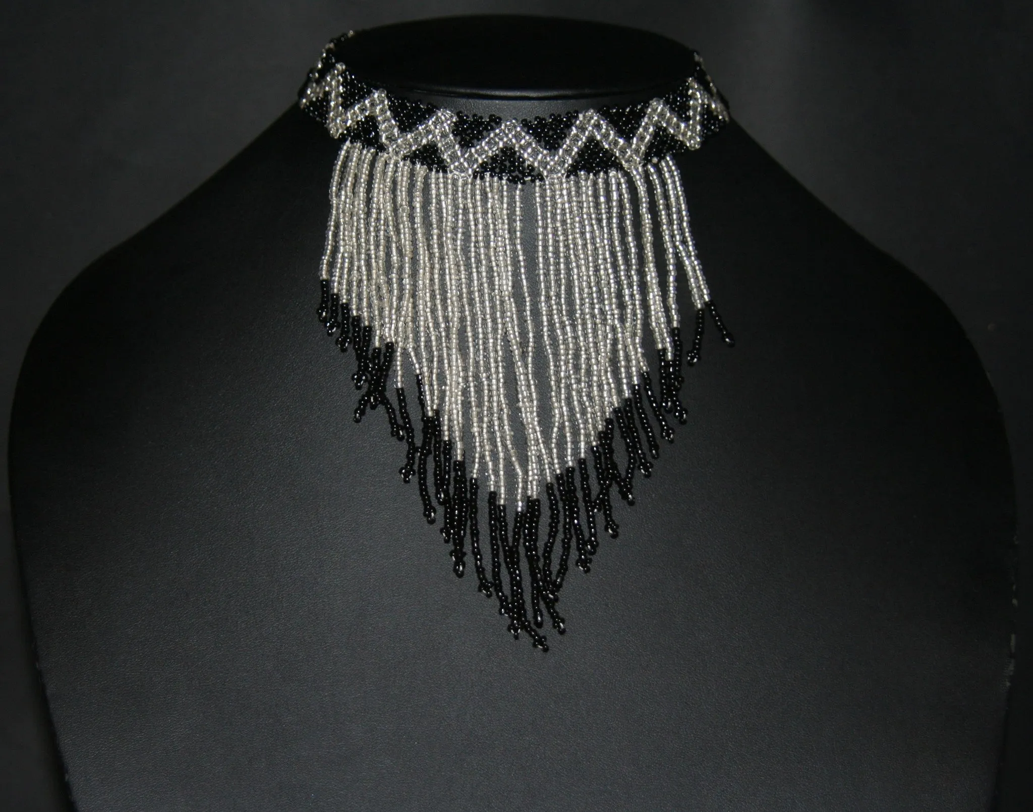 African Beaded Choker Necklace Cascade Black White Handcrafted Swaziland