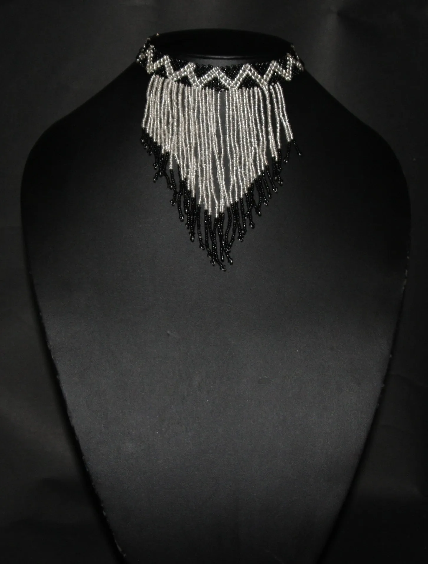 African Beaded Choker Necklace Cascade Black White Handcrafted Swaziland