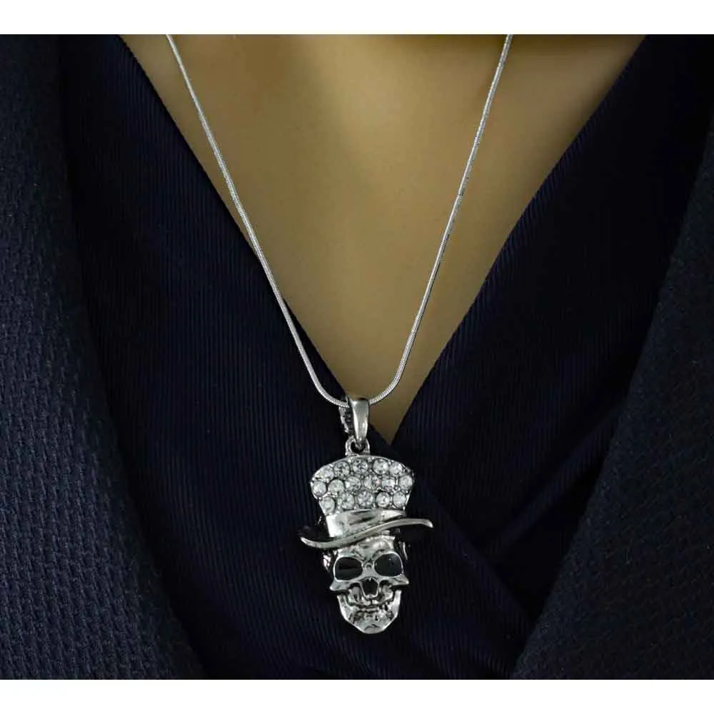 Antique Skull with Crystal Hat Pendant with Chain - PF602PT