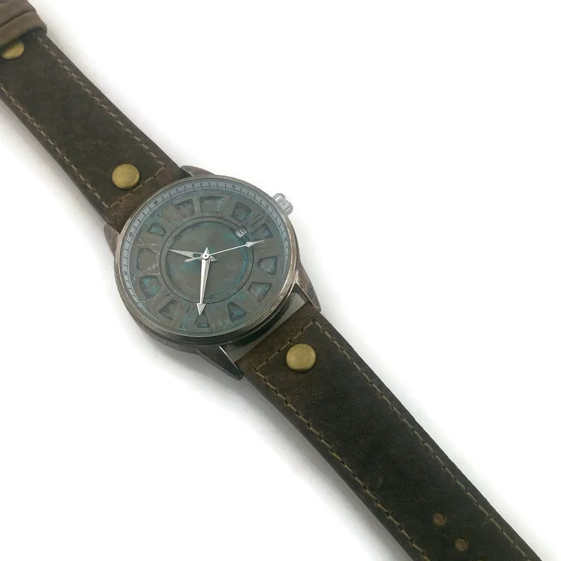 Automatic Mechanical Watch With Date, Blue Dial with  Brown  Leather Band