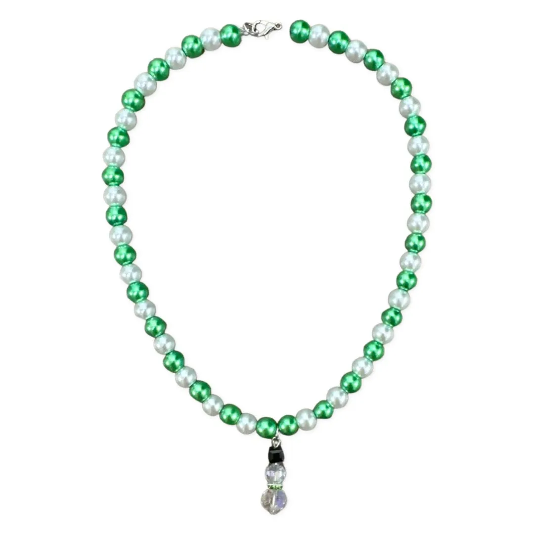 Beaded Snowman w/Green Scarf Green & White Beaded Necklace