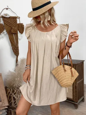 Beige A Line Dress With Pleats
