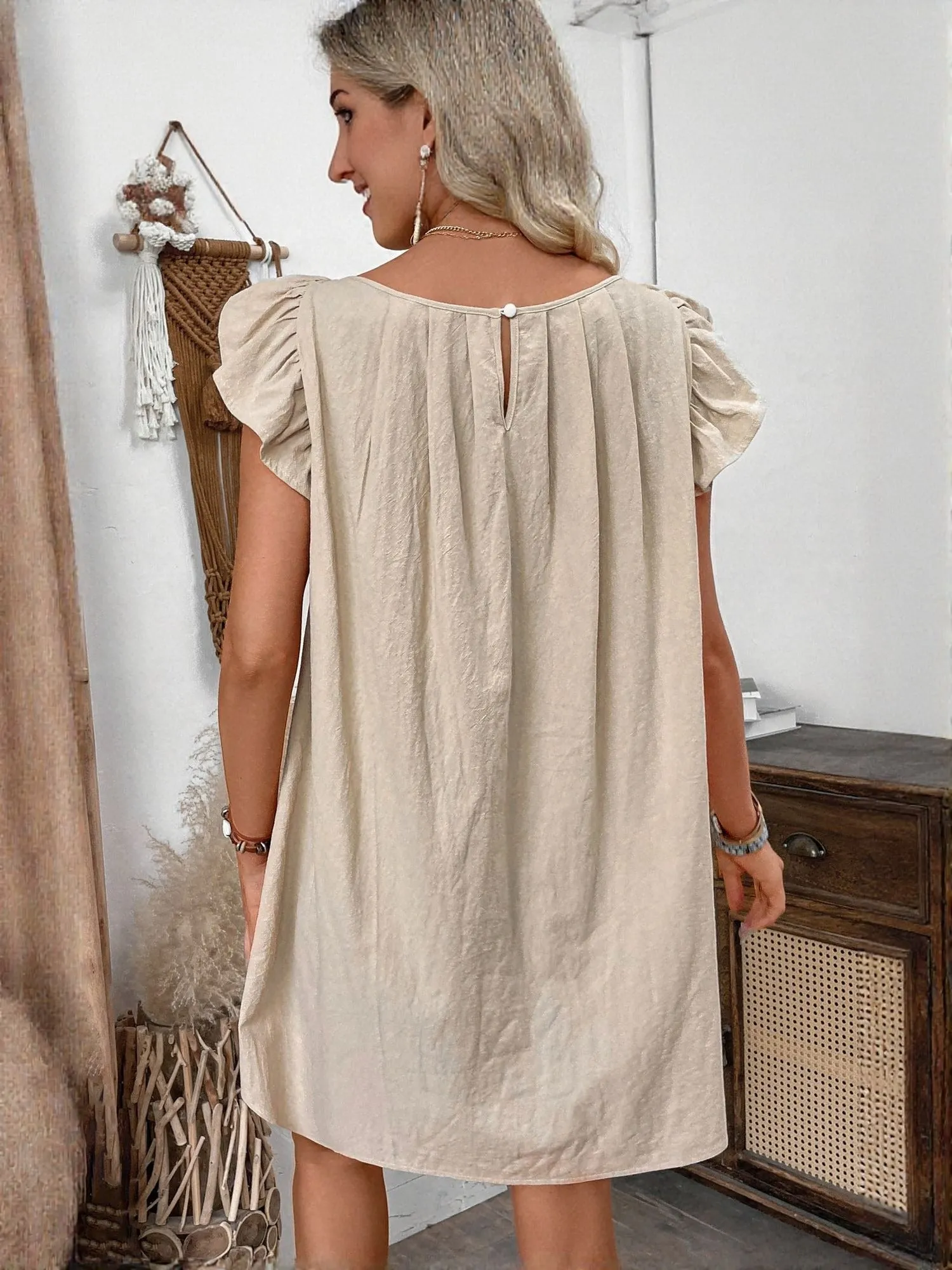 Beige A Line Dress With Pleats