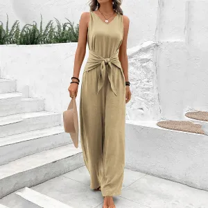 Beige Sleeveless Jumpsuit With Front Tie Up