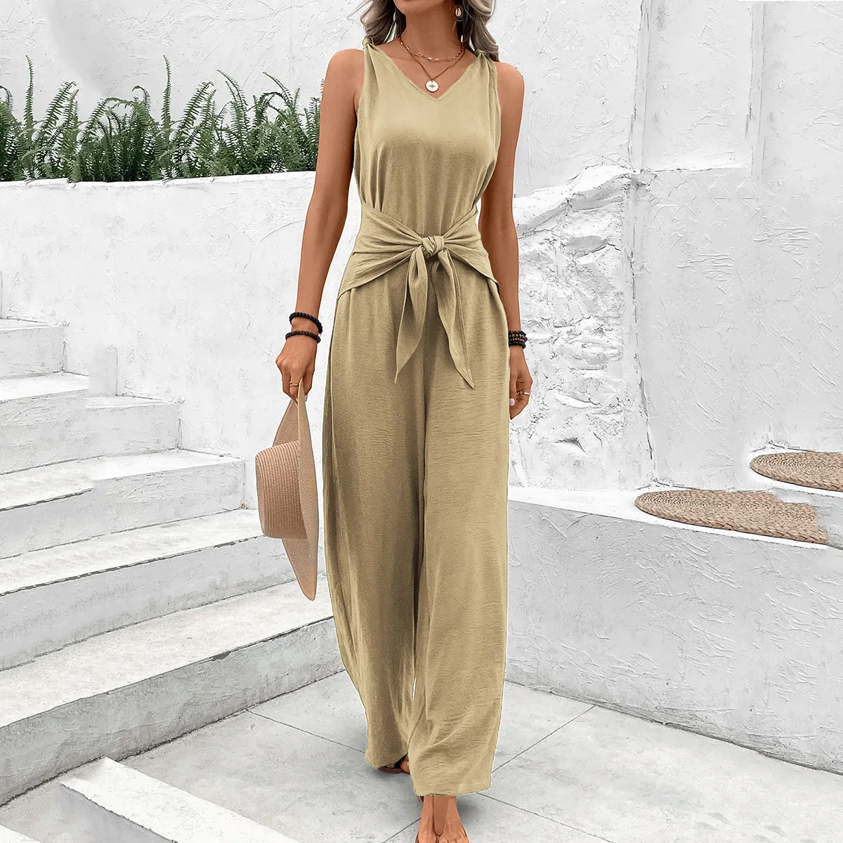 Beige Sleeveless Jumpsuit With Front Tie Up
