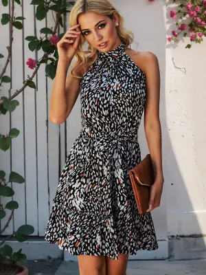 Black Ditsy Fit And Flare Sleeveless Dress