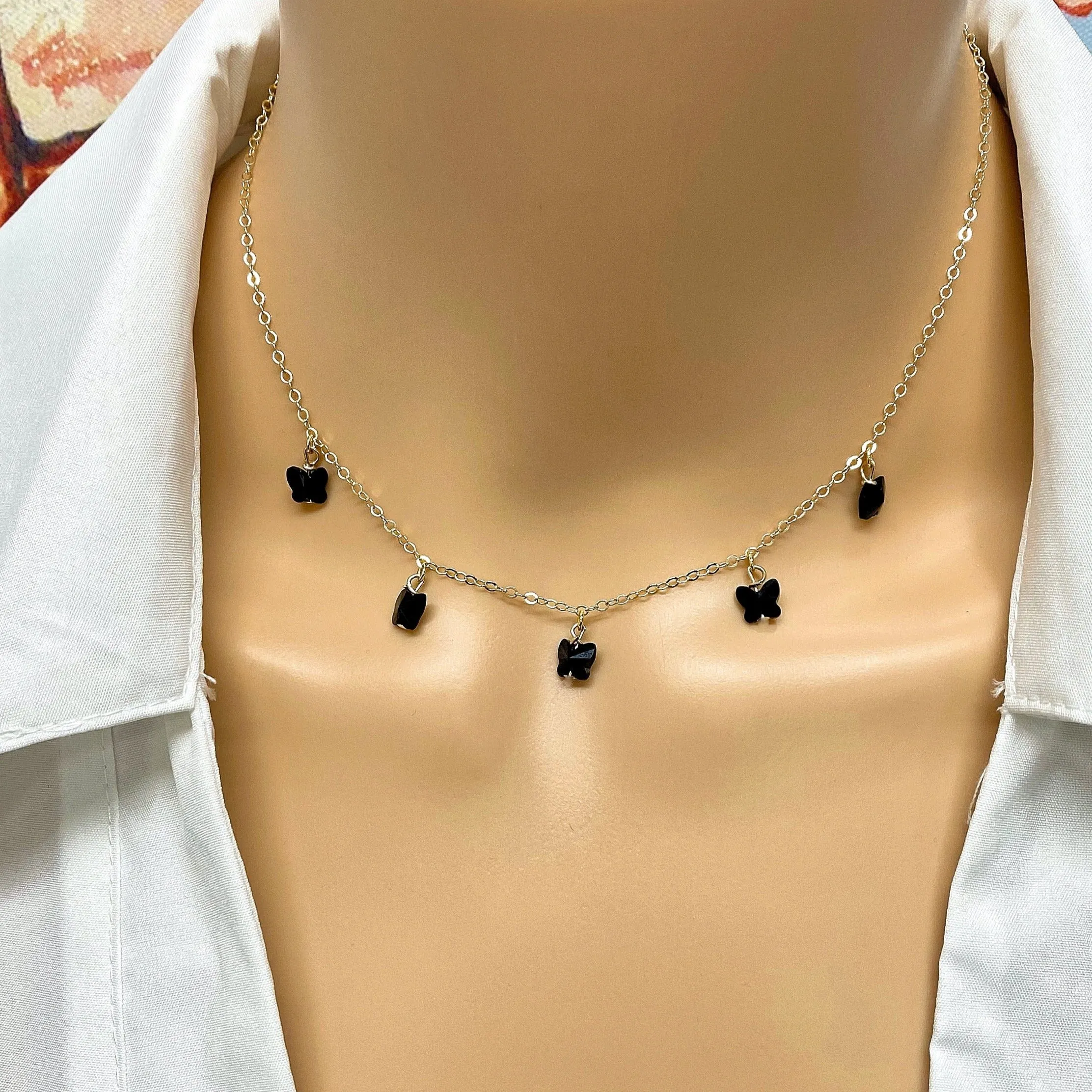 Black Onyx Butterfly Choker 14K Gold Necklace