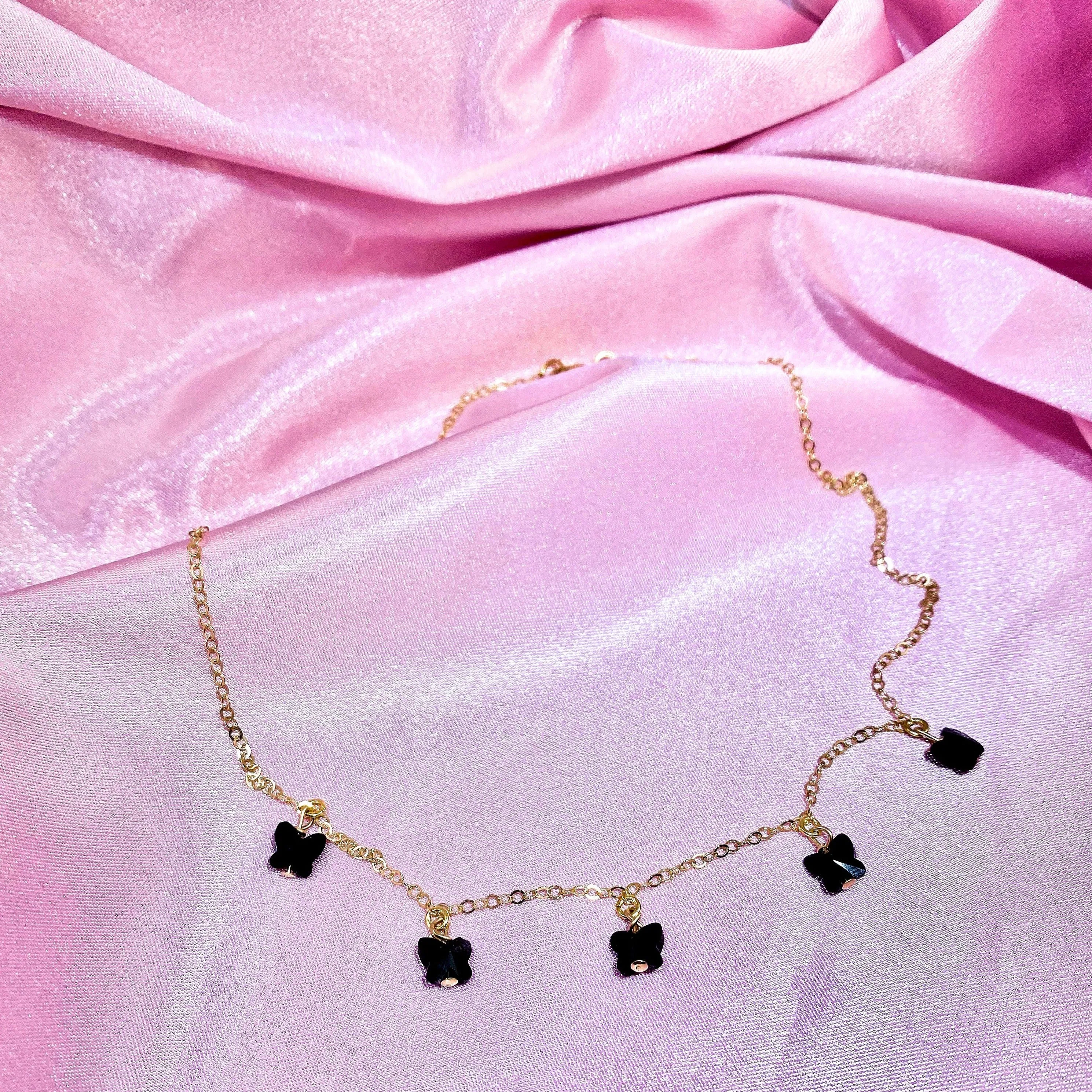 Black Onyx Butterfly Choker 14K Gold Necklace