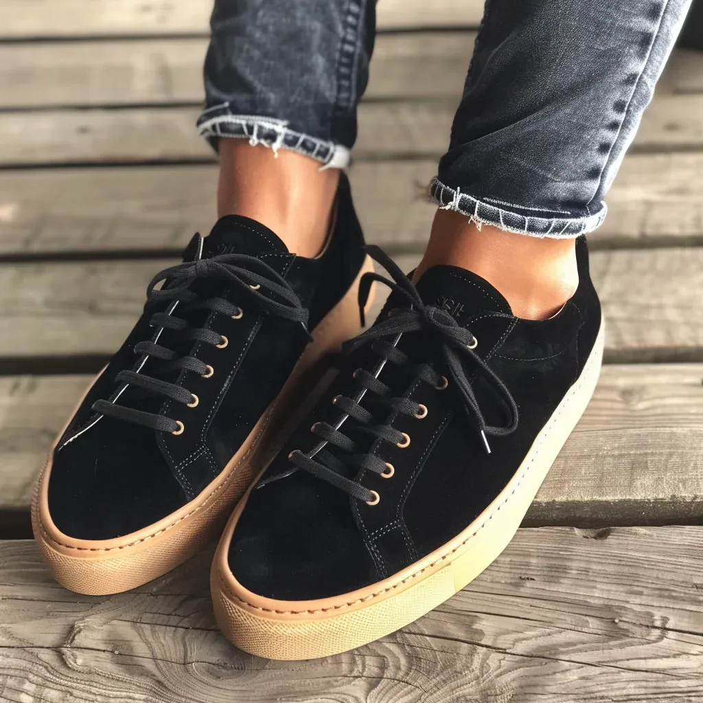 Black Suede Leather Lace Up Sneakers with Worm White Sole - Sneaker Shoes