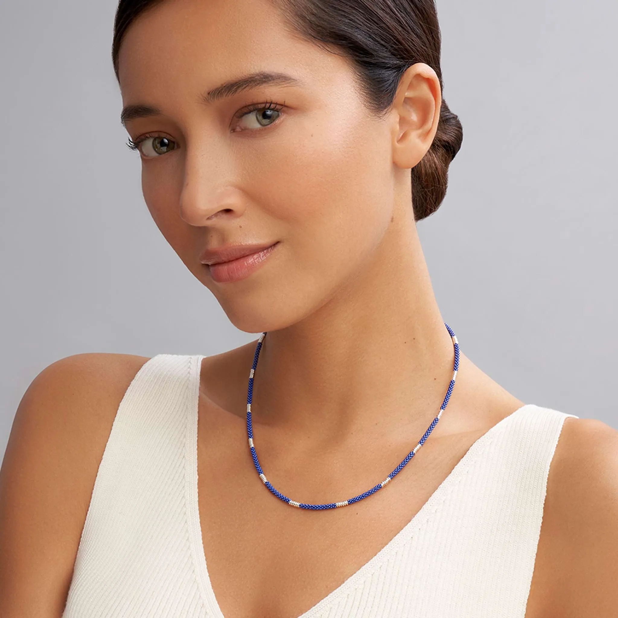 Blue Caviar Ultramarine Silver Station Ceramic Beaded Necklace | 3mm