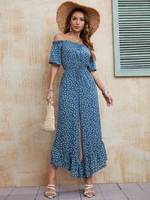 Blue Off Shoulder Midi Dress With Ditsy Print