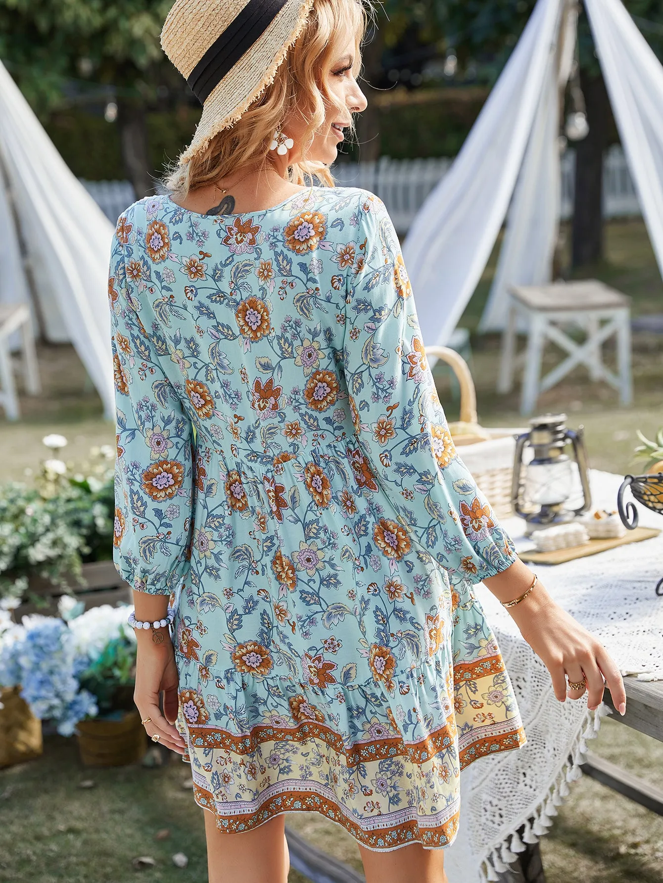 Blue Printed A-Line Dress