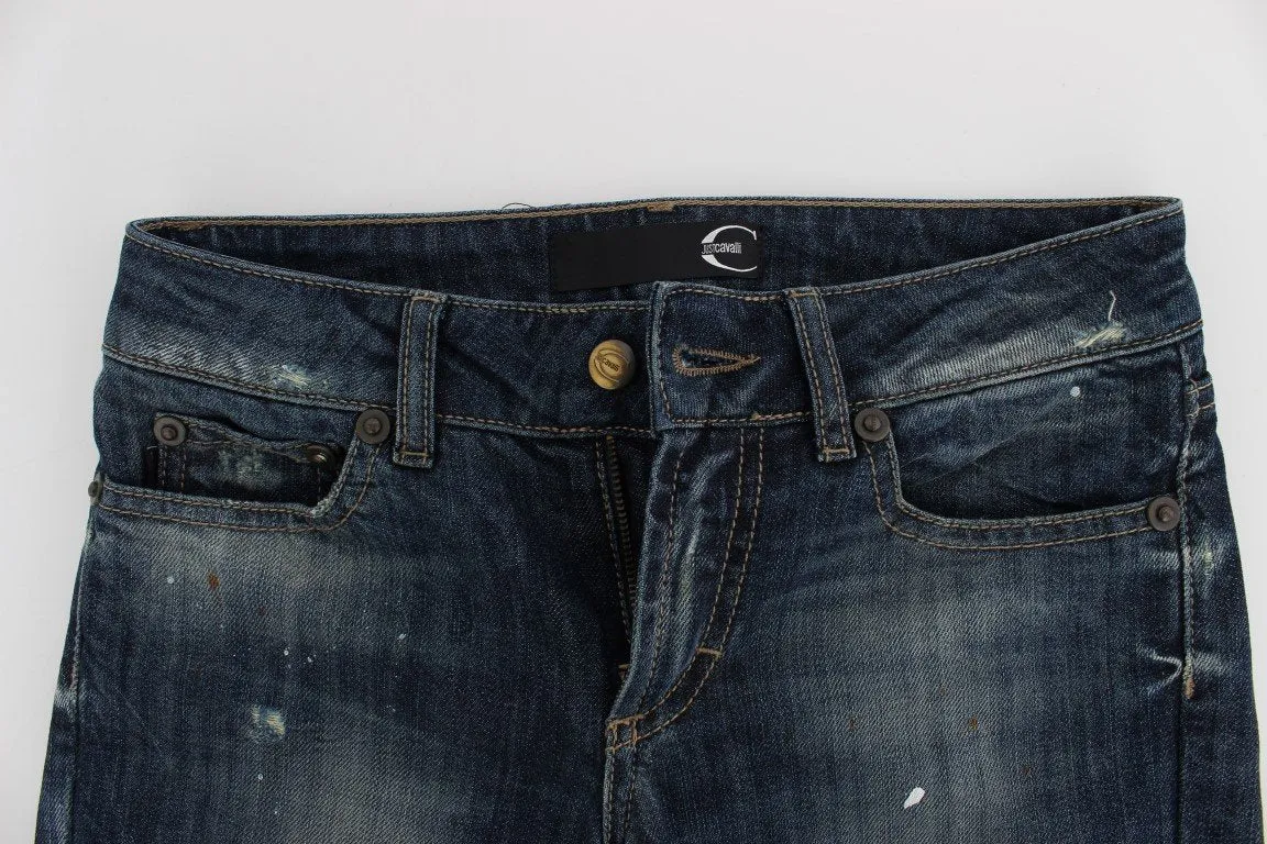 Blue Wash Torn Cotton Stretch Jeans