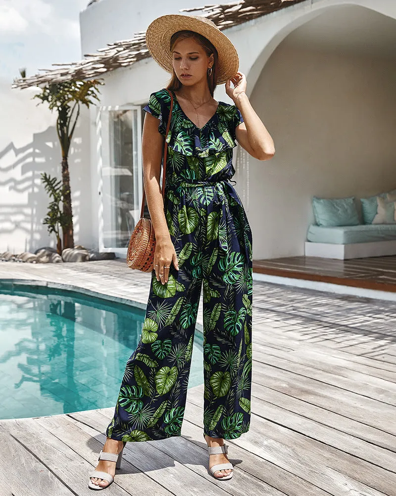 Bohemian Floral Printed Jumpsuit Plant Leaf Print Boho Romper