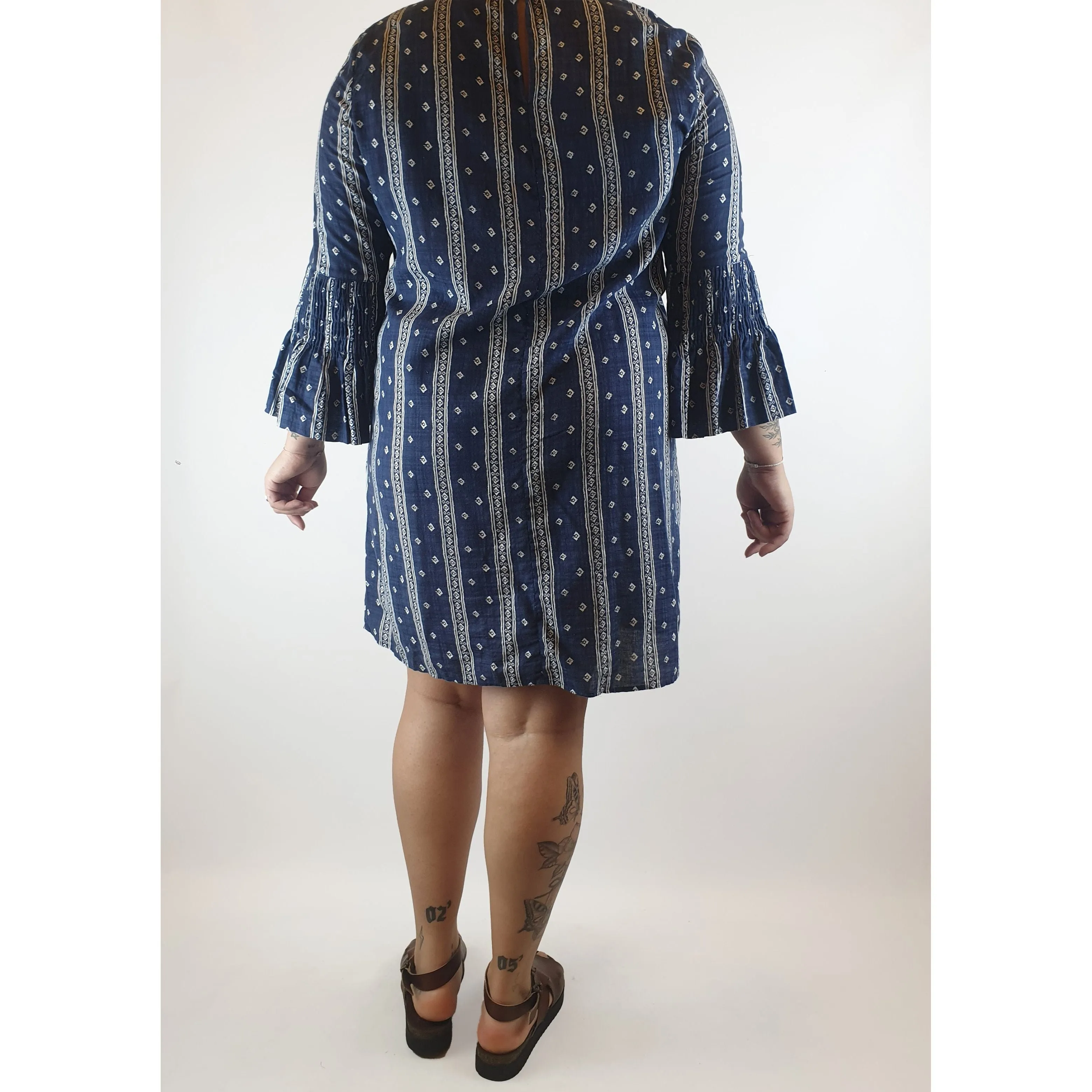 Boho Australia navy and white virtical striped dress with bell sleeves size L (Best fits 14)